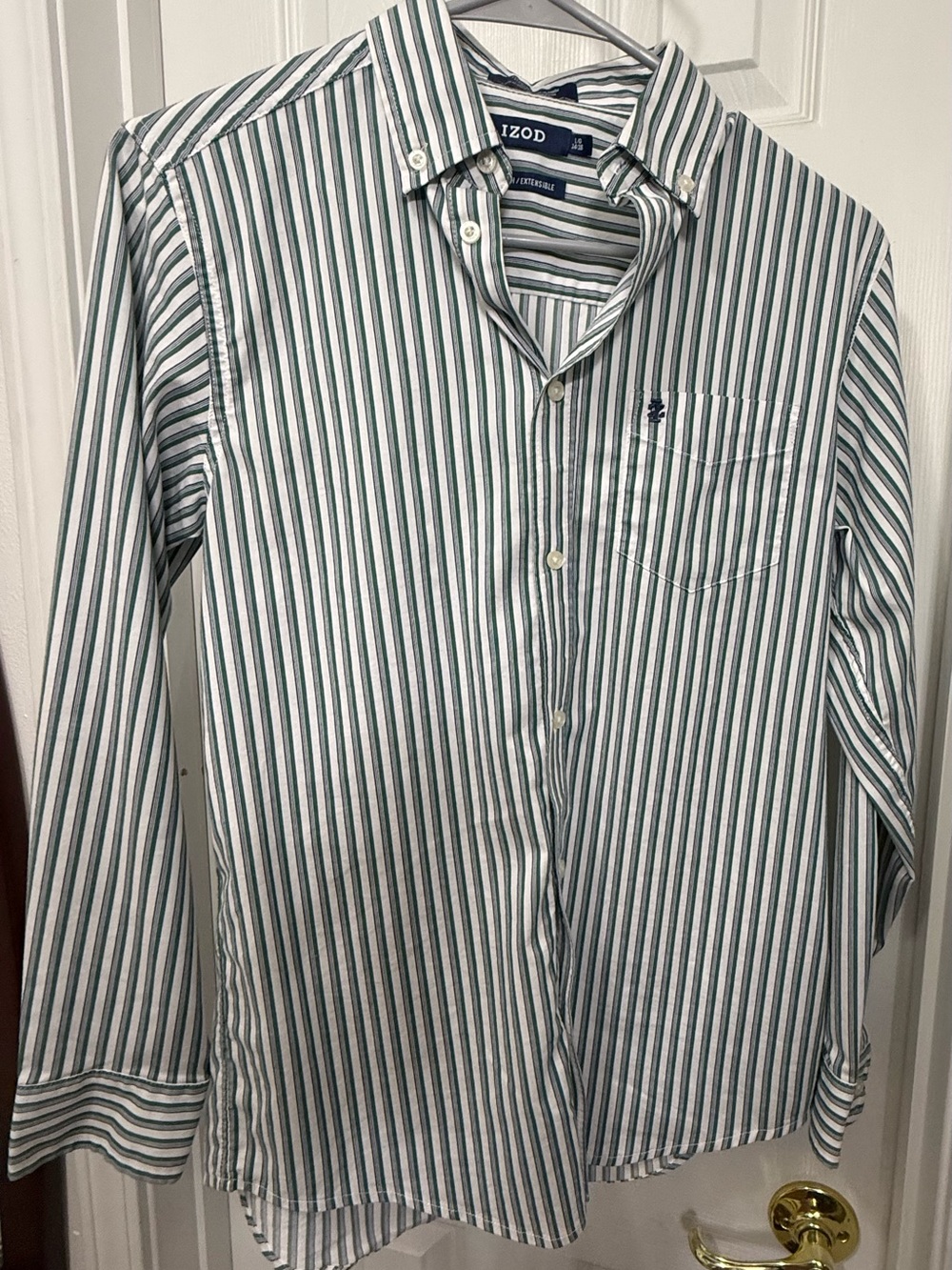 Izod Green and White Vertical Stripe Button-Down Shirt